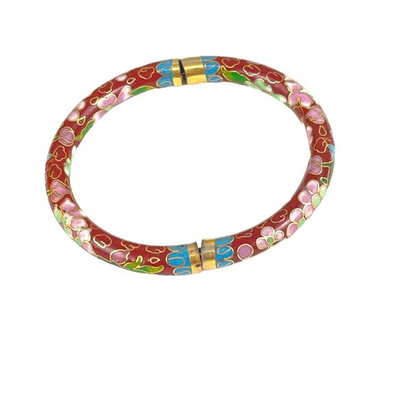 Chinese Export Vintage Cloisonné Red Floral Bracelet With Gold-Tone Accents - Picture 2 of 6